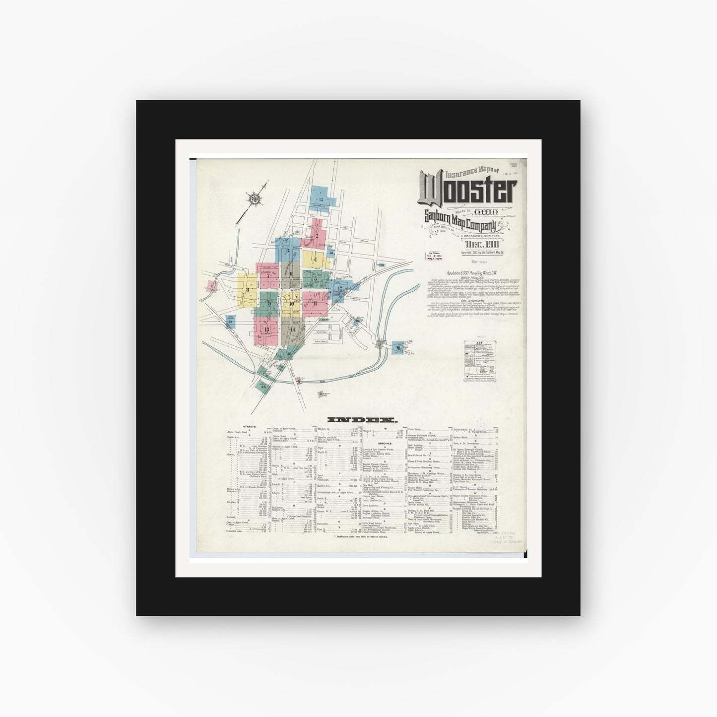Old map wall art mockup — black gallery frame with white mat — Sanborn Fire Insurance Map from Wooster, Wayne County, Ohio (1911), Sheet #0001