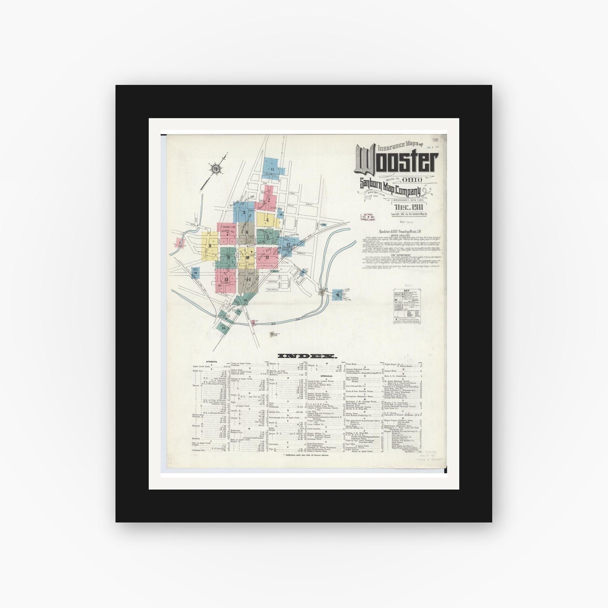 Old map wall art mockup — black gallery frame with white mat — Sanborn Fire Insurance Map from Wooster, Wayne County, Ohio (1911), Sheet #0001