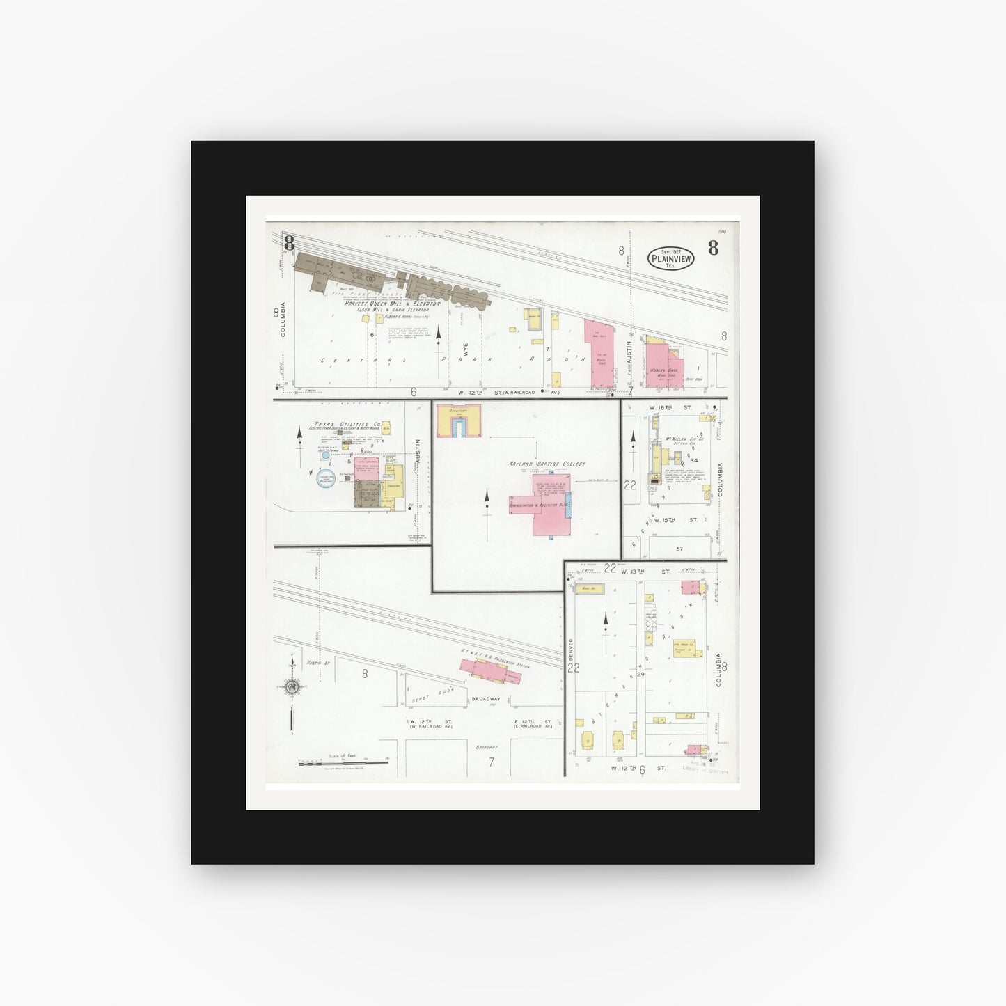 Old map wall art mockup — black gallery frame with white mat — Sanborn Fire Insurance Map from Plainview, Hale County, Texas (1927), Sheet #0008