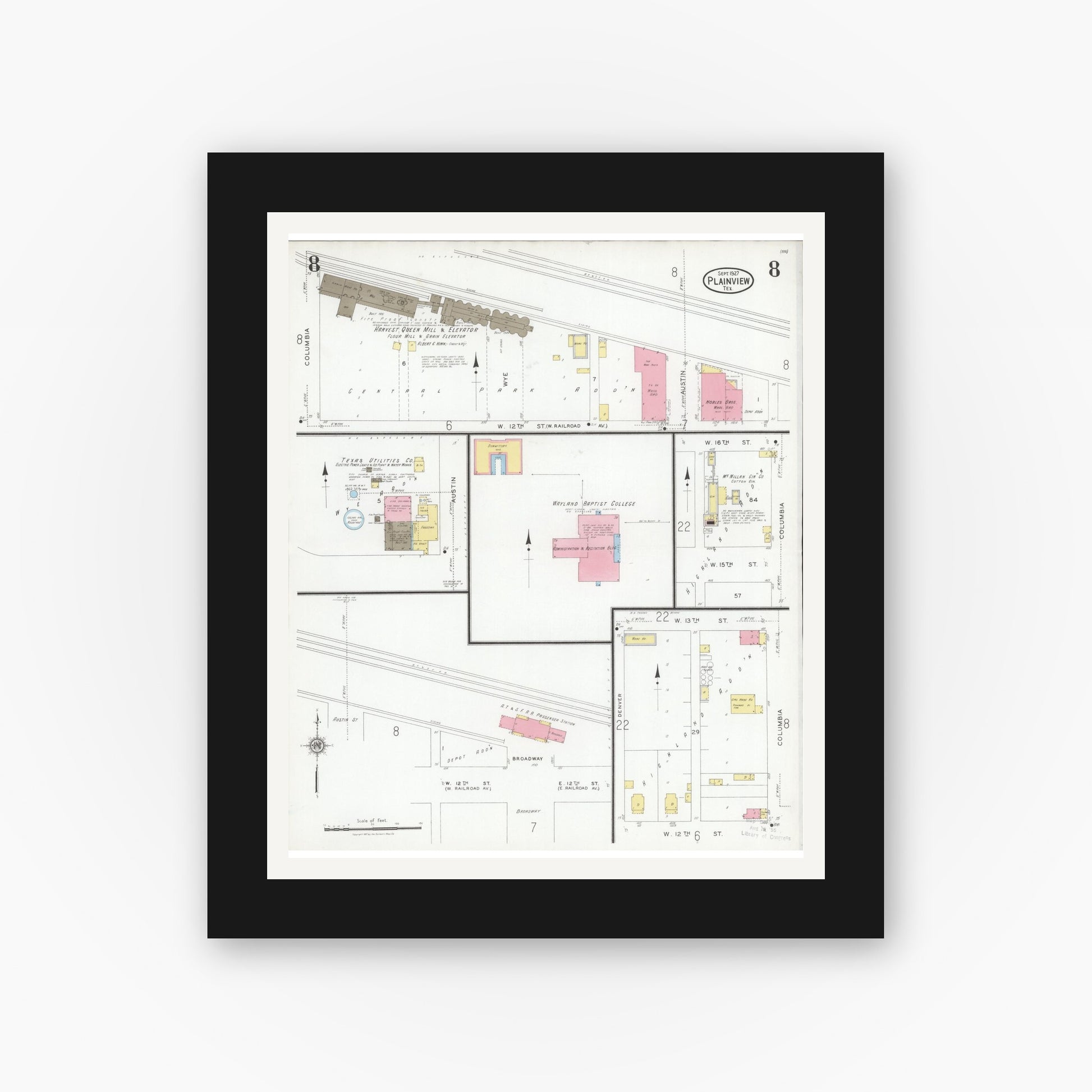 Old map wall art mockup — black gallery frame with white mat — Sanborn Fire Insurance Map from Plainview, Hale County, Texas (1927), Sheet #0008