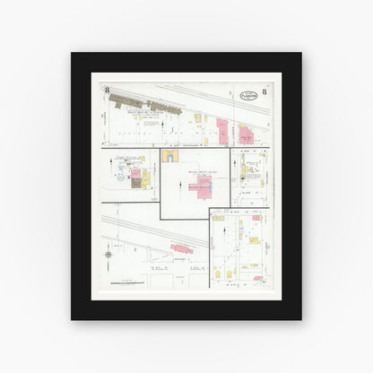 Old map wall art mockup — black gallery frame with white mat — Sanborn Fire Insurance Map from Plainview, Hale County, Texas (1927), Sheet #0008