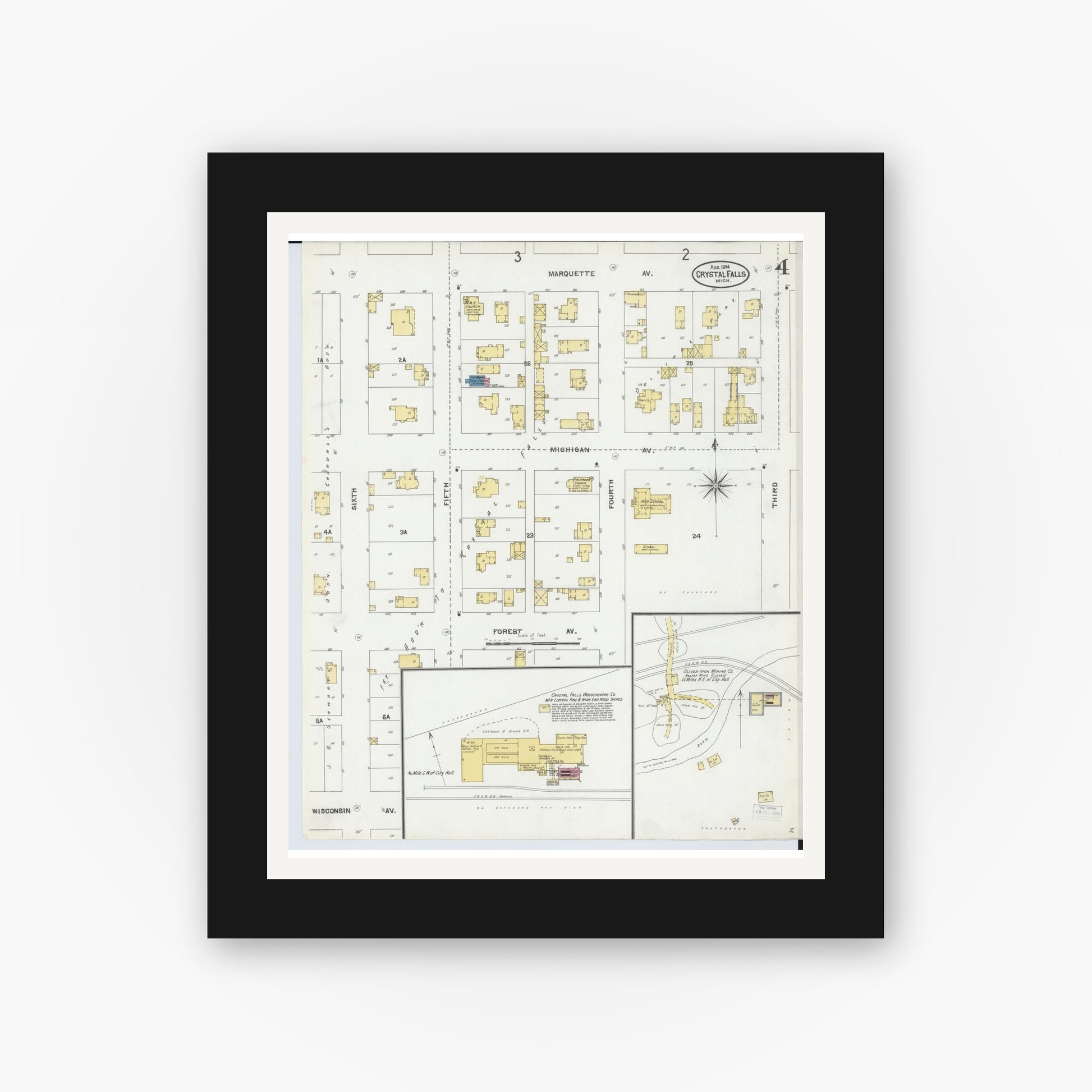 Old map wall art mockup — black gallery frame with white mat — Sanborn Fire Insurance Map from Crystal Falls, Iron County, Michigan (1904), Sheet #0004