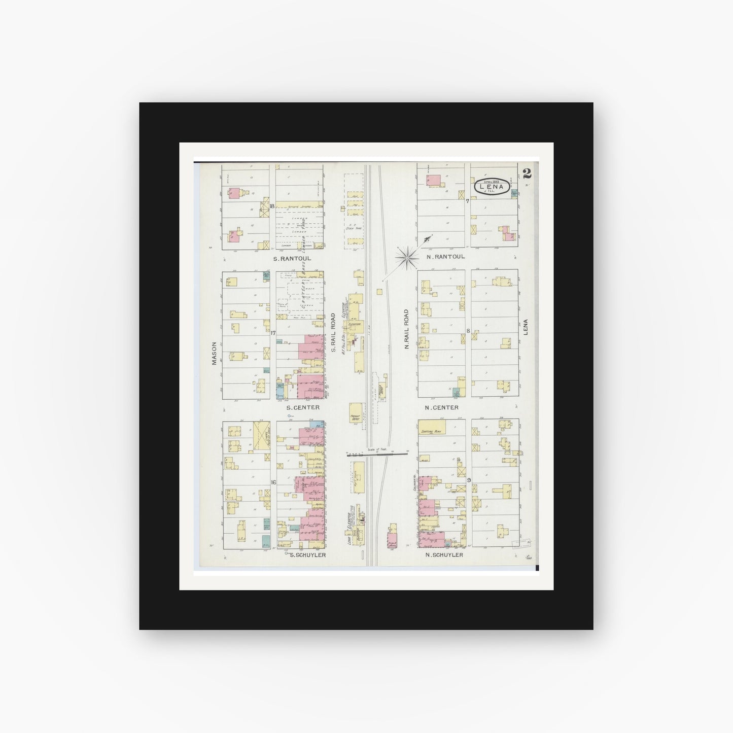 Old map wall art mockup — black gallery frame with white mat — Sanborn Fire Insurance Map from Lena, Stephenson County, Illinois (1893), Sheet #0002