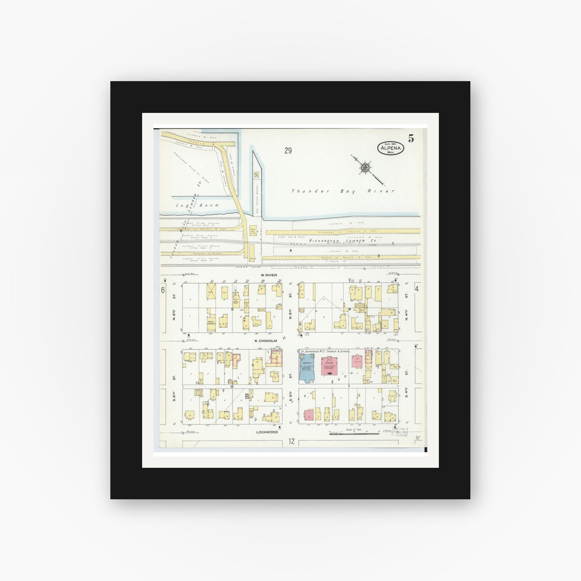 Old map wall art mockup — black gallery frame with white mat — Sanborn Fire Insurance Map from Alpena, Alpena County, Michigan (1910), Sheet #0005