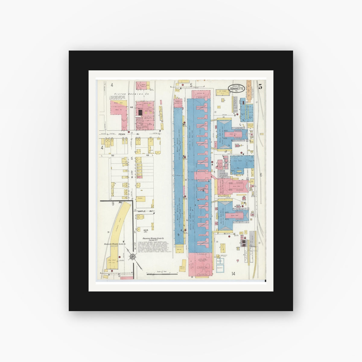 Old map wall art mockup — black gallery frame with white mat — Sanborn Fire Insurance Map from Jeannette, Westmoreland County, Pennsylvania (1916), Sheet #0005