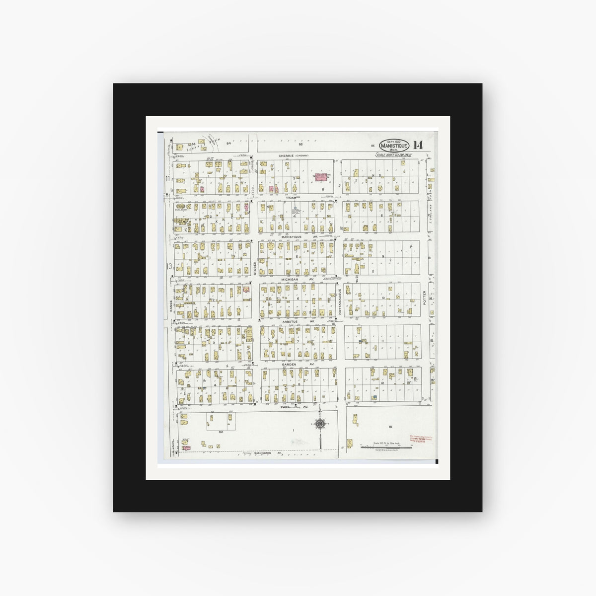 Old map wall art mockup — black gallery frame with white mat — Sanborn Fire Insurance Map from Manistique, Schoolcraft County, Michigan (1920), Sheet #0014