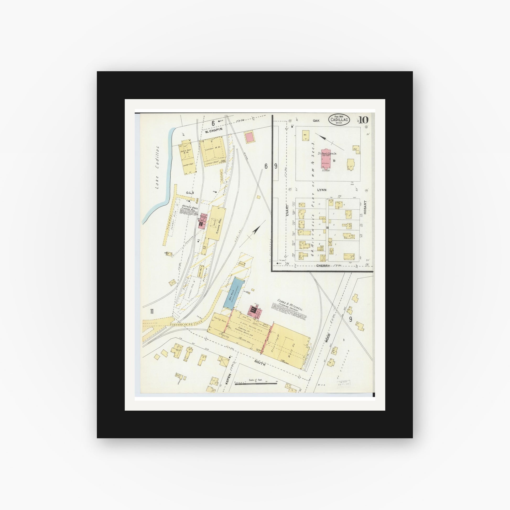 Old map wall art mockup — black gallery frame with white mat — Sanborn Fire Insurance Map from Cadillac, Wexford County, Michigan (1906), Sheet #0010