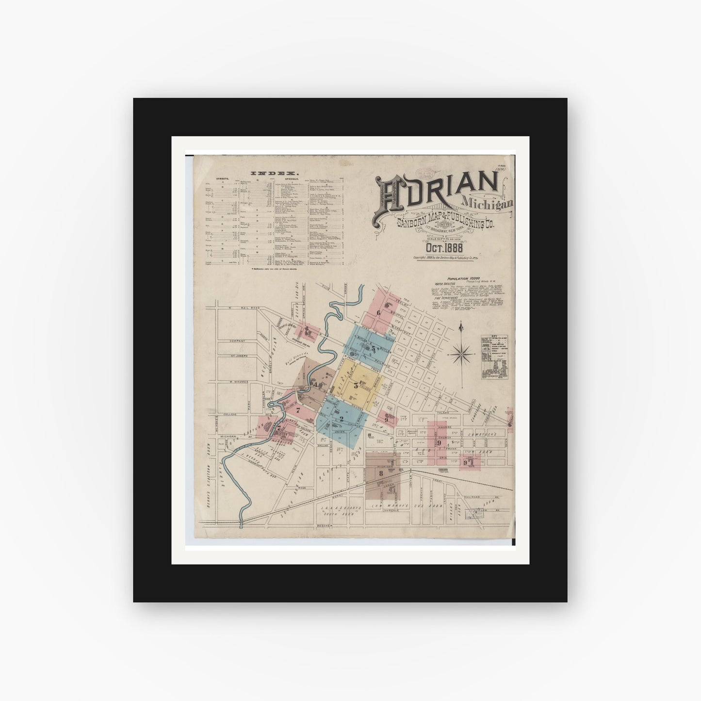 Old map wall art mockup — black gallery frame with white mat — Sanborn Fire Insurance Map from Adrian, Lenawee County, Michigan (1888), Sheet #0001