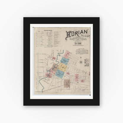 Old map wall art mockup — black gallery frame with white mat — Sanborn Fire Insurance Map from Adrian, Lenawee County, Michigan (1888), Sheet #0001