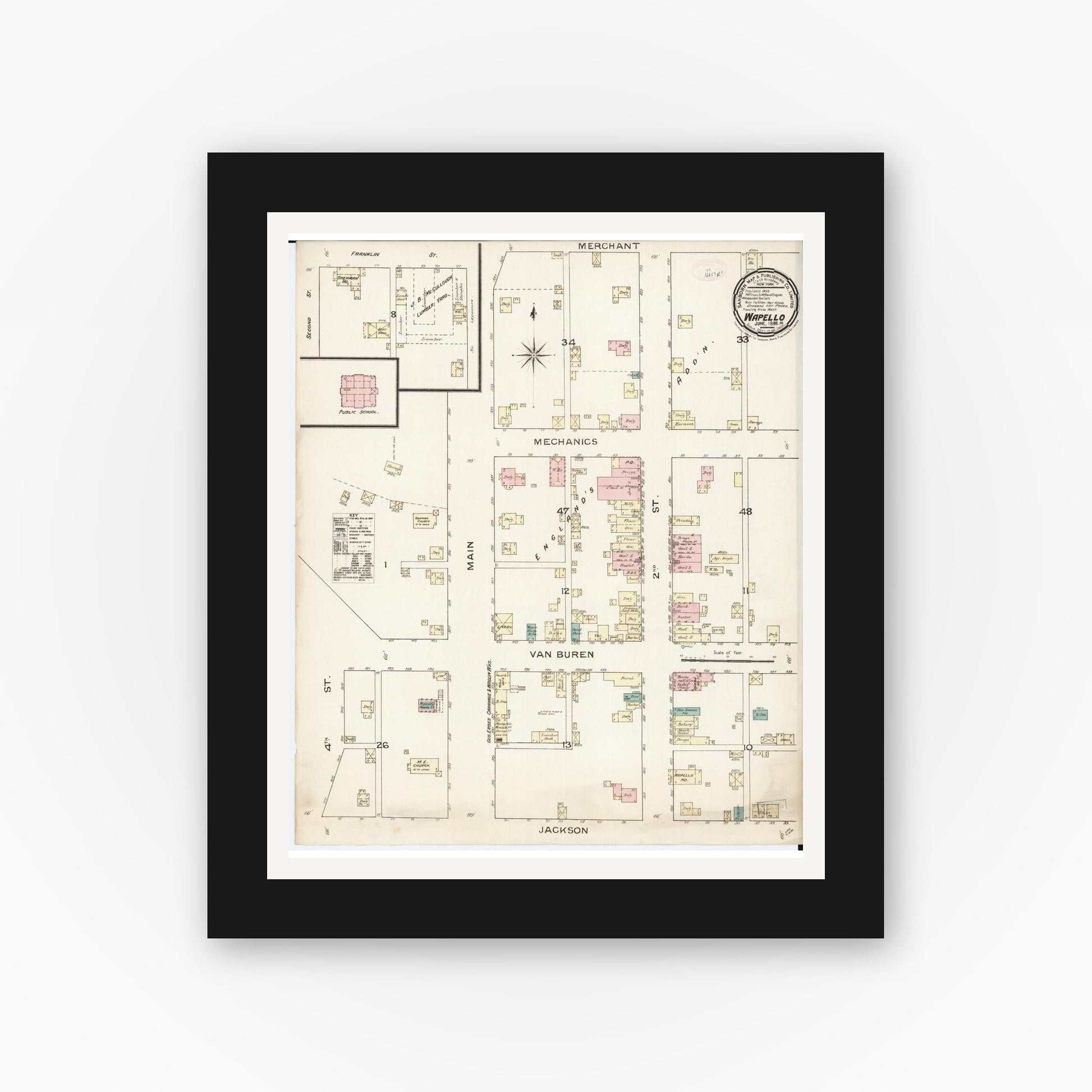 Old map wall art mockup — black gallery frame with white mat — Sanborn Fire Insurance Map from Wapello, Louisa County, Iowa (1886), Sheet #0001