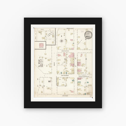 Old map wall art mockup — black gallery frame with white mat — Sanborn Fire Insurance Map from Wapello, Louisa County, Iowa (1886), Sheet #0001