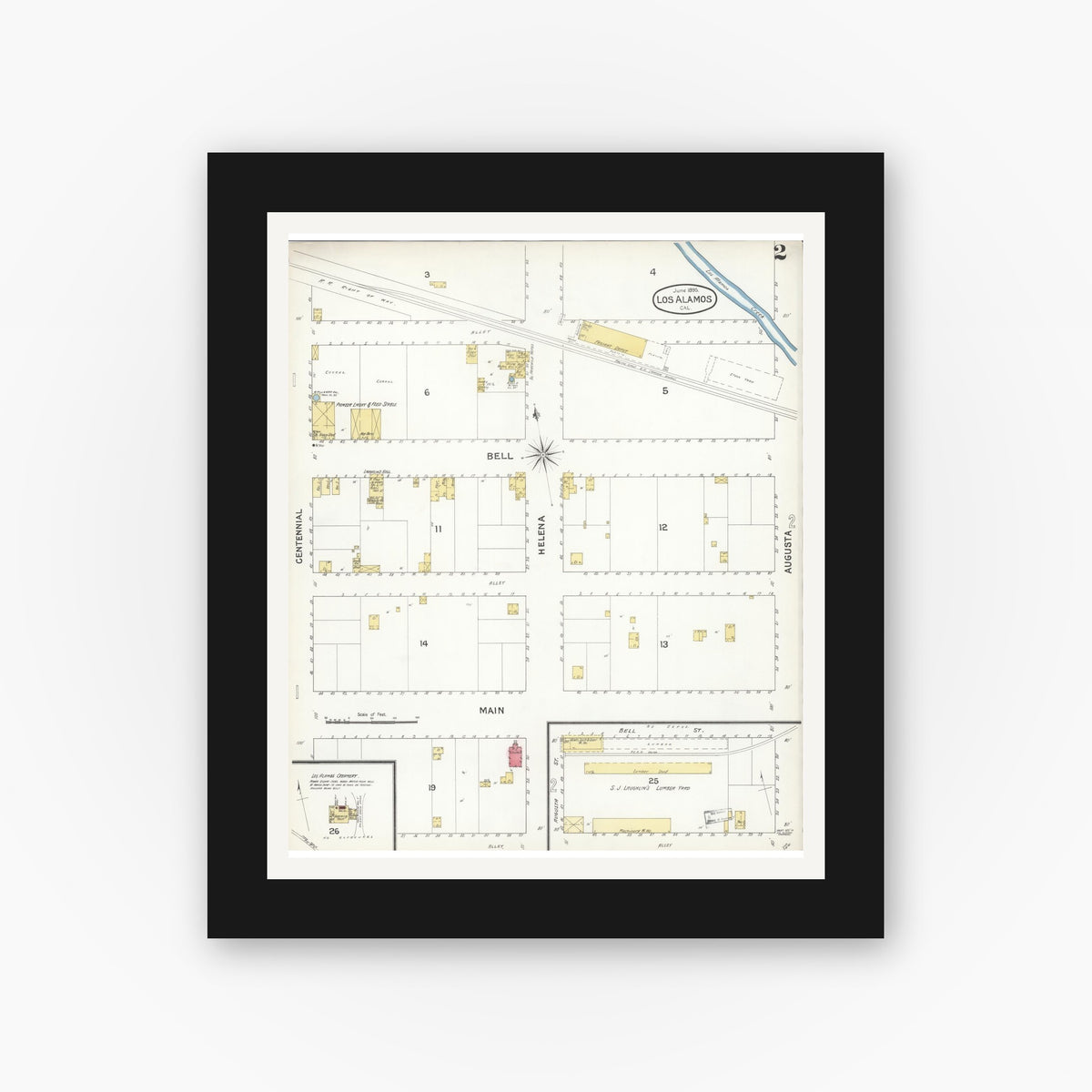 Old map wall art mockup — black gallery frame with white mat — Sanborn Fire Insurance Map from Los Alamos, Santa Barbara County, California (1895), Sheet #0002