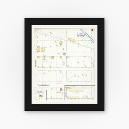 Old map wall art mockup — black gallery frame with white mat — Sanborn Fire Insurance Map from Los Alamos, Santa Barbara County, California (1895), Sheet #0002