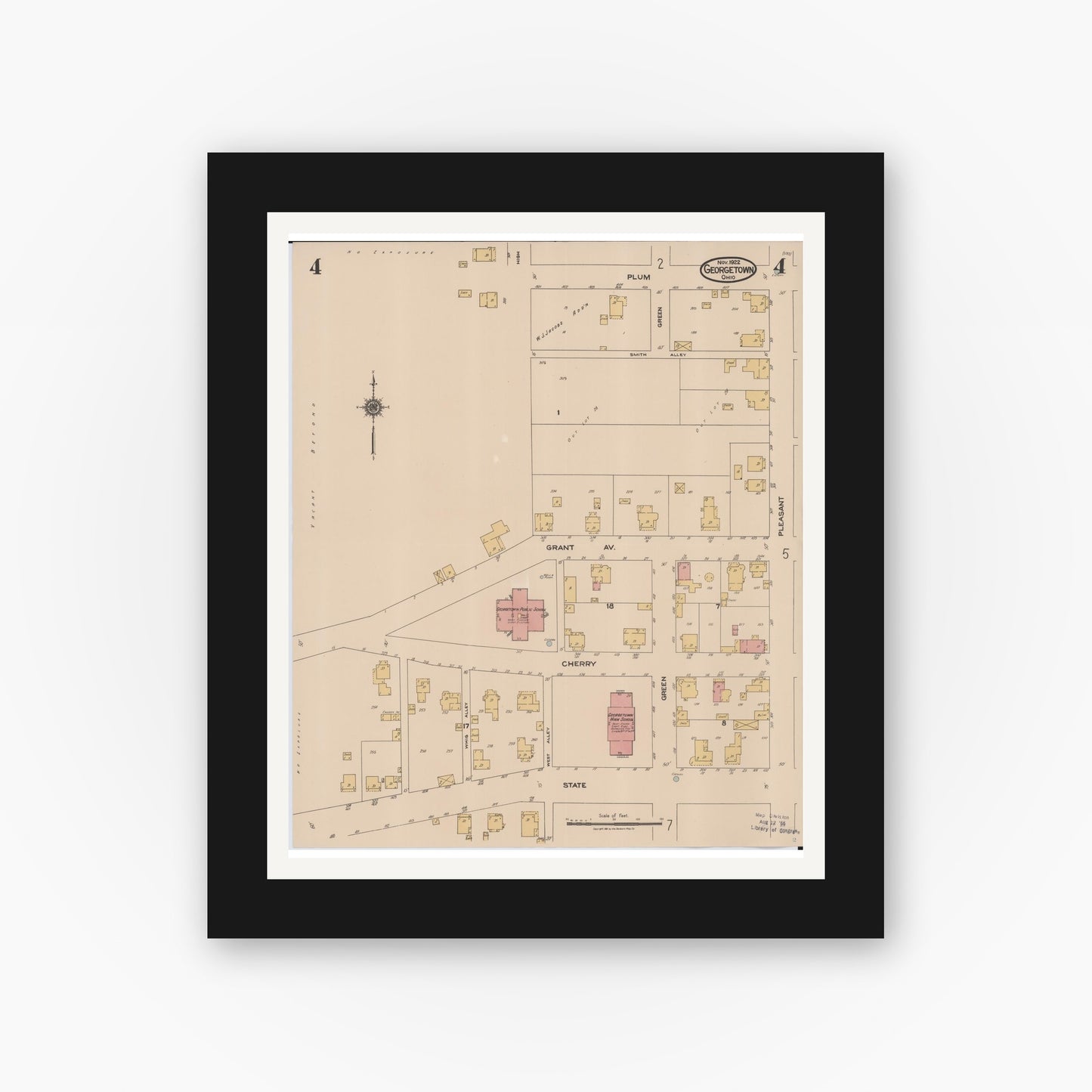 Old map wall art mockup — black gallery frame with white mat — Sanborn Fire Insurance Map from Georgetown, Brown County, Ohio (1922), Sheet #0004