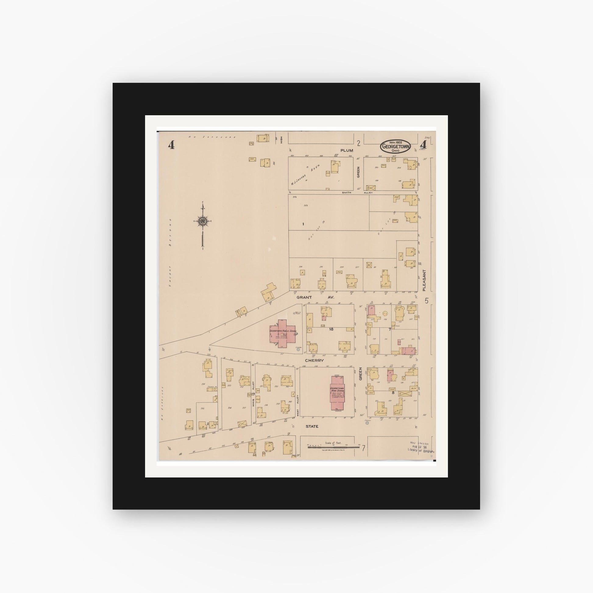 Old map wall art mockup — black gallery frame with white mat — Sanborn Fire Insurance Map from Georgetown, Brown County, Ohio (1922), Sheet #0004