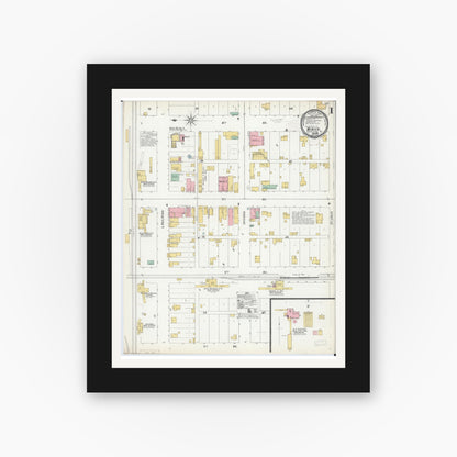 Old map wall art mockup — black gallery frame with white mat — Sanborn Fire Insurance Map from Minier, Tazewell County, Illinois (1899), Sheet #0001