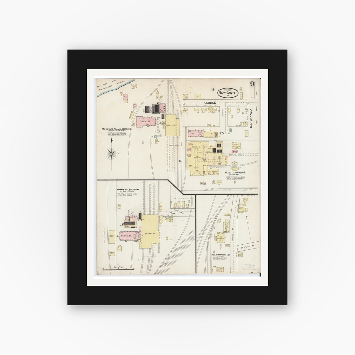 Old map wall art mockup — black gallery frame with white mat — Sanborn Fire Insurance Map from New Castle, Lawrence County, Pennsylvania (1888), Sheet #0009