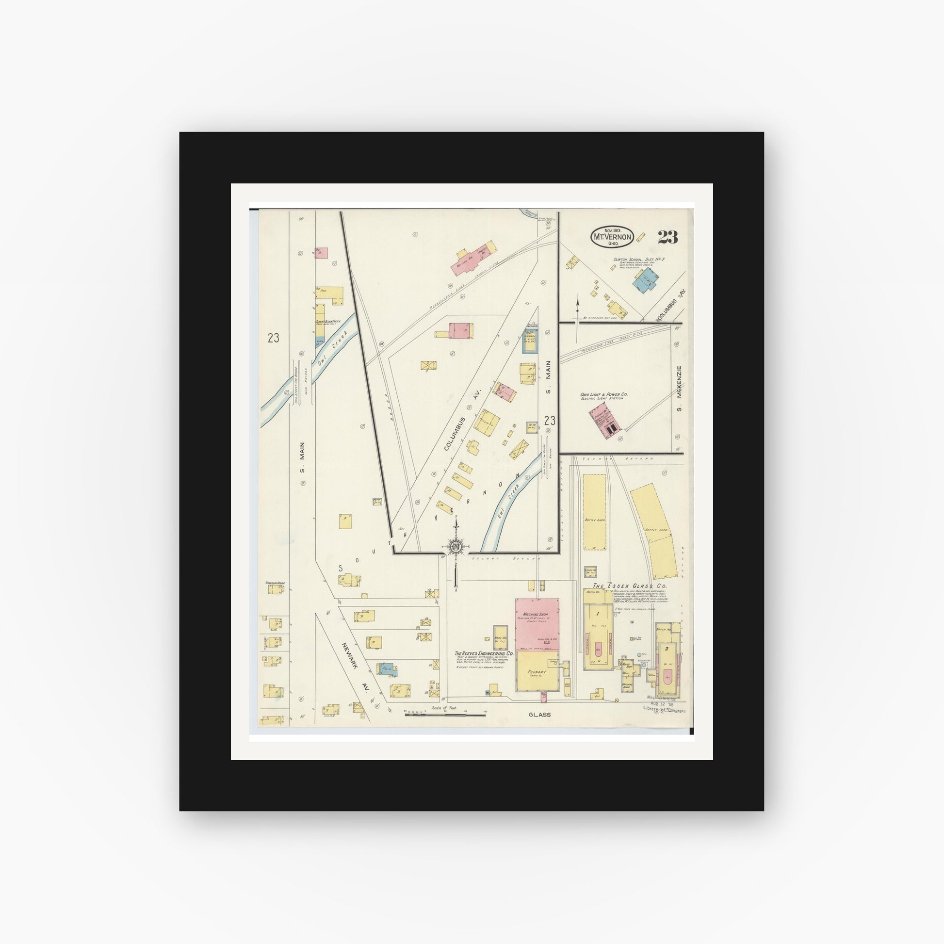 Old map wall art mockup — black gallery frame with white mat — Sanborn Fire Insurance Map from Mount Vernon, Knox County, Ohio (1913), Sheet #0023