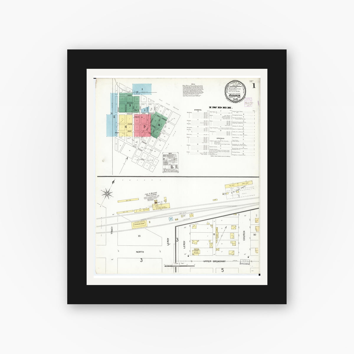 Old map wall art mockup — black gallery frame with white mat — Sanborn Fire Insurance Map from Audubon, Audubon County, Iowa (1901) â€” Complete Set