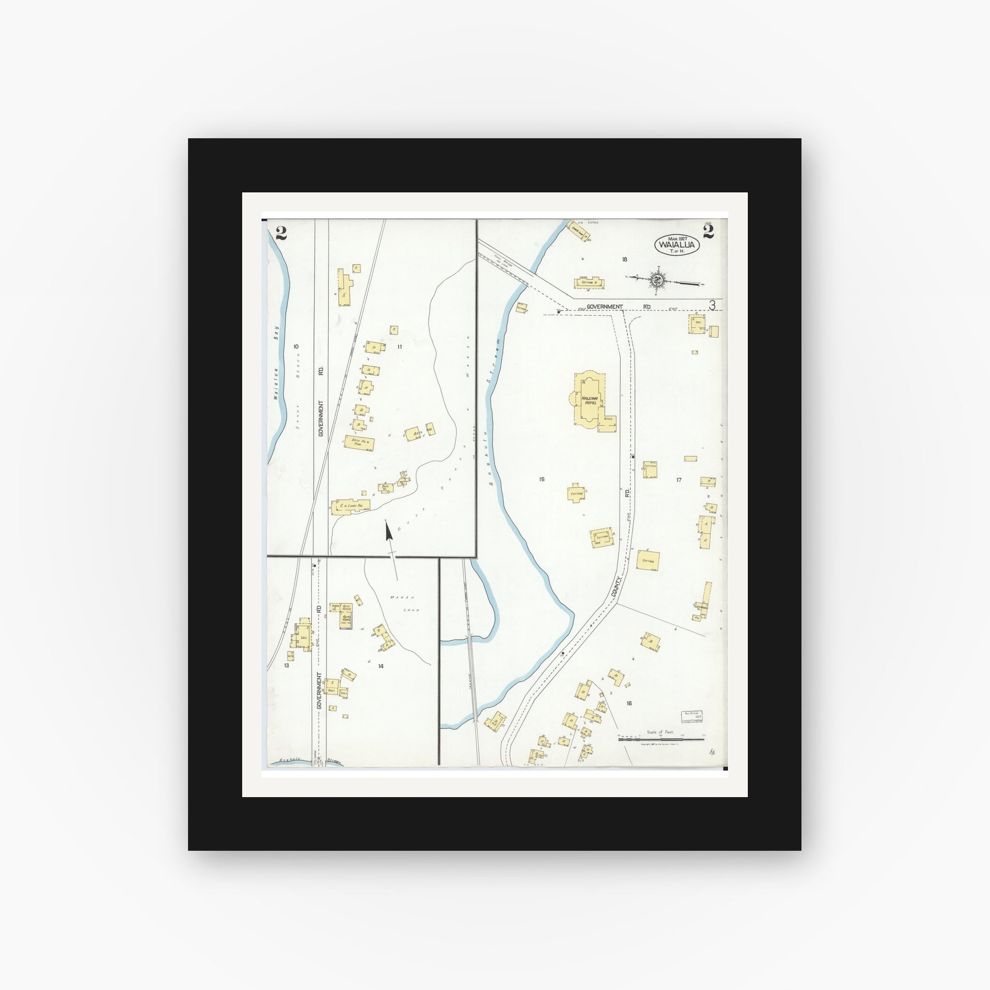 Old map wall art mockup — black gallery frame with white mat — Sanborn Fire Insurance Map from Waialua, Honolulu County, Hawaii (1927), Sheet #0002