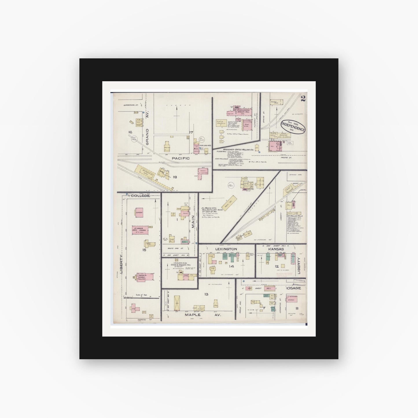 Old map wall art mockup — black gallery frame with white mat — Sanborn Fire Insurance Map from Independence, Jackson County, Missouri (1885), Sheet #0002