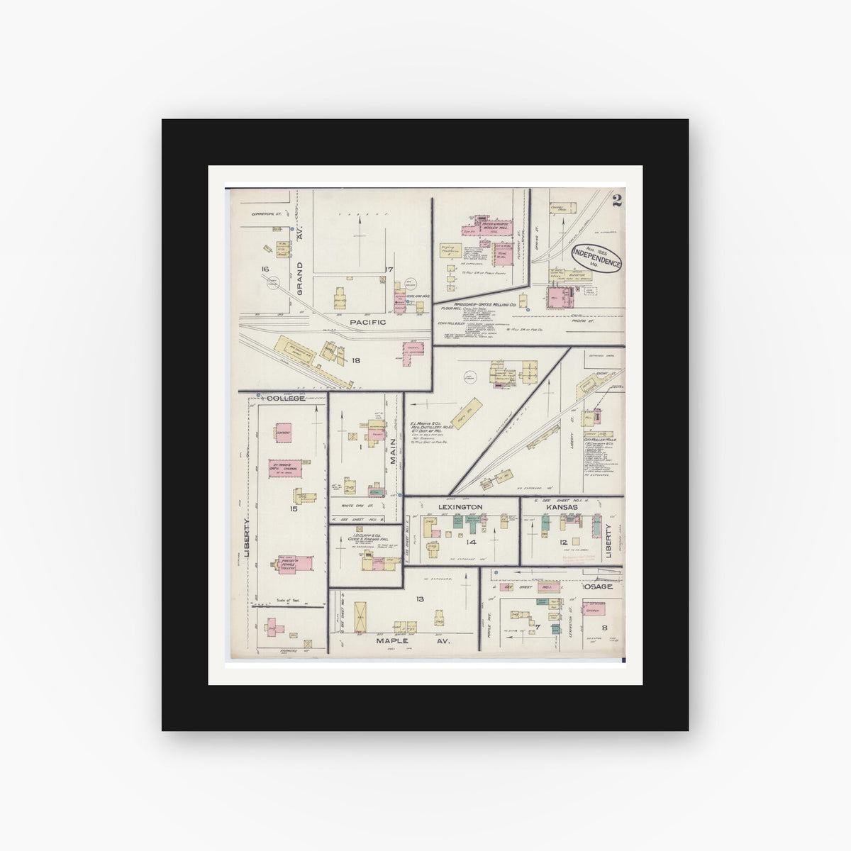 Old map wall art mockup — black gallery frame with white mat — Sanborn Fire Insurance Map from Independence, Jackson County, Missouri (1885), Sheet #0002