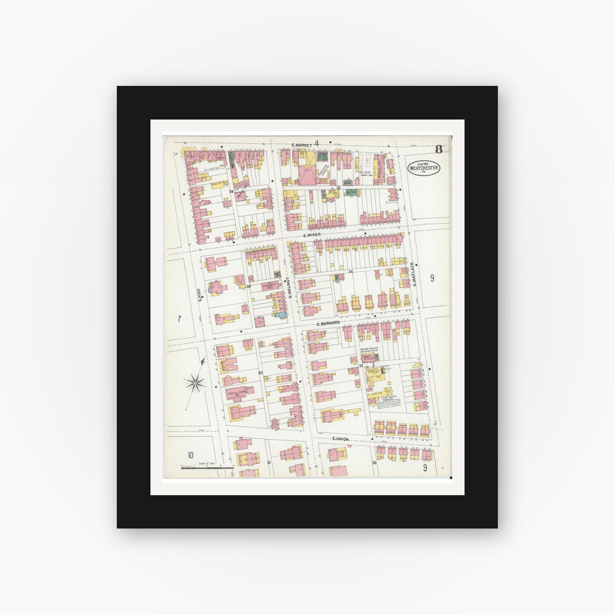 Old map wall art mockup — black gallery frame with white mat — Sanborn Fire Insurance Map from West Chester, Chester County, Pennsylvania (1902), Sheet #0008