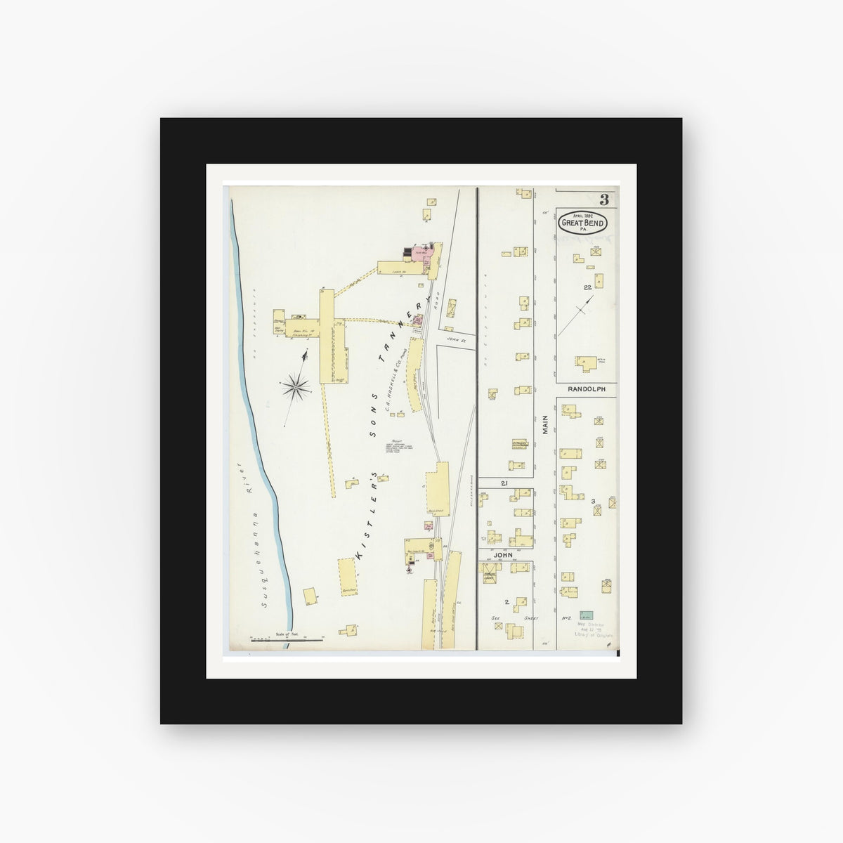 Old map wall art mockup — black gallery frame with white mat — Sanborn Fire Insurance Map from Great Bend, Susquehanna County, Pennsylvania (1892), Sheet #0003