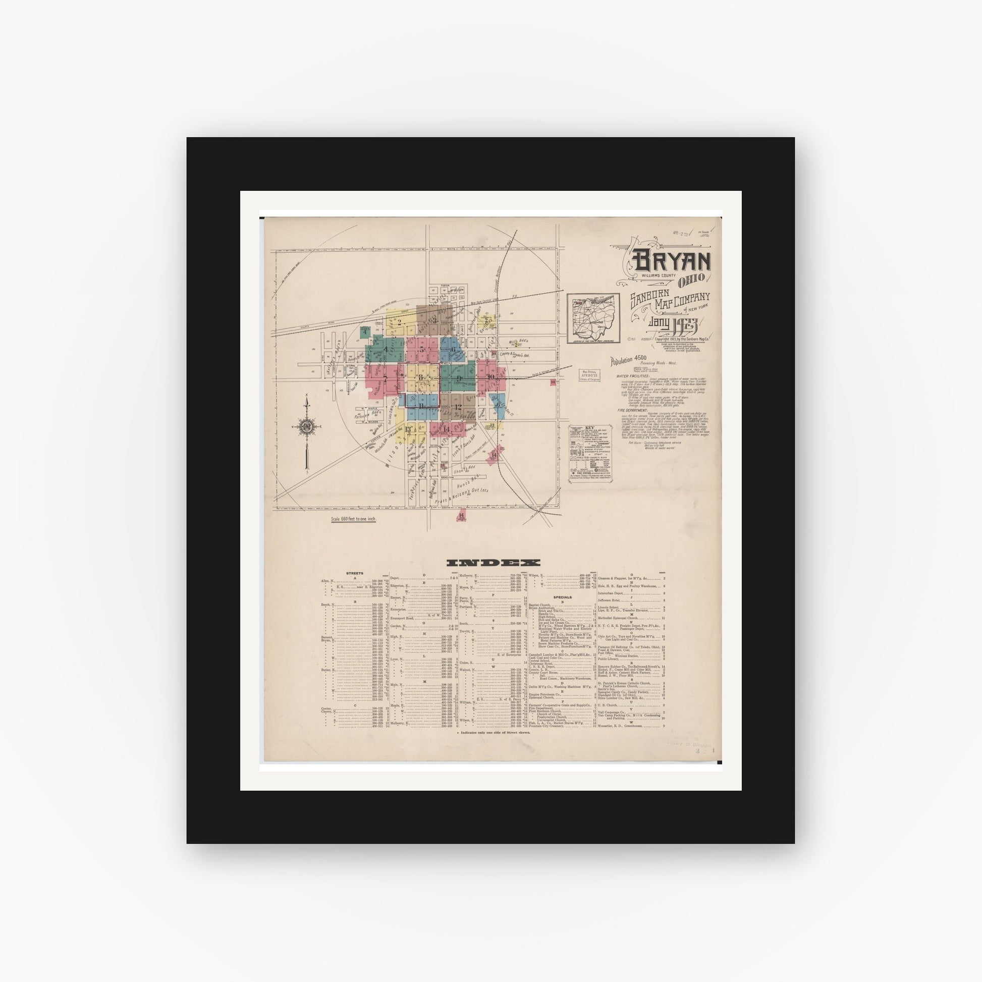 Old map wall art mockup — black gallery frame with white mat — Sanborn Fire Insurance Map from Bryan, Williams County, Ohio (1923) - Complete Map Set