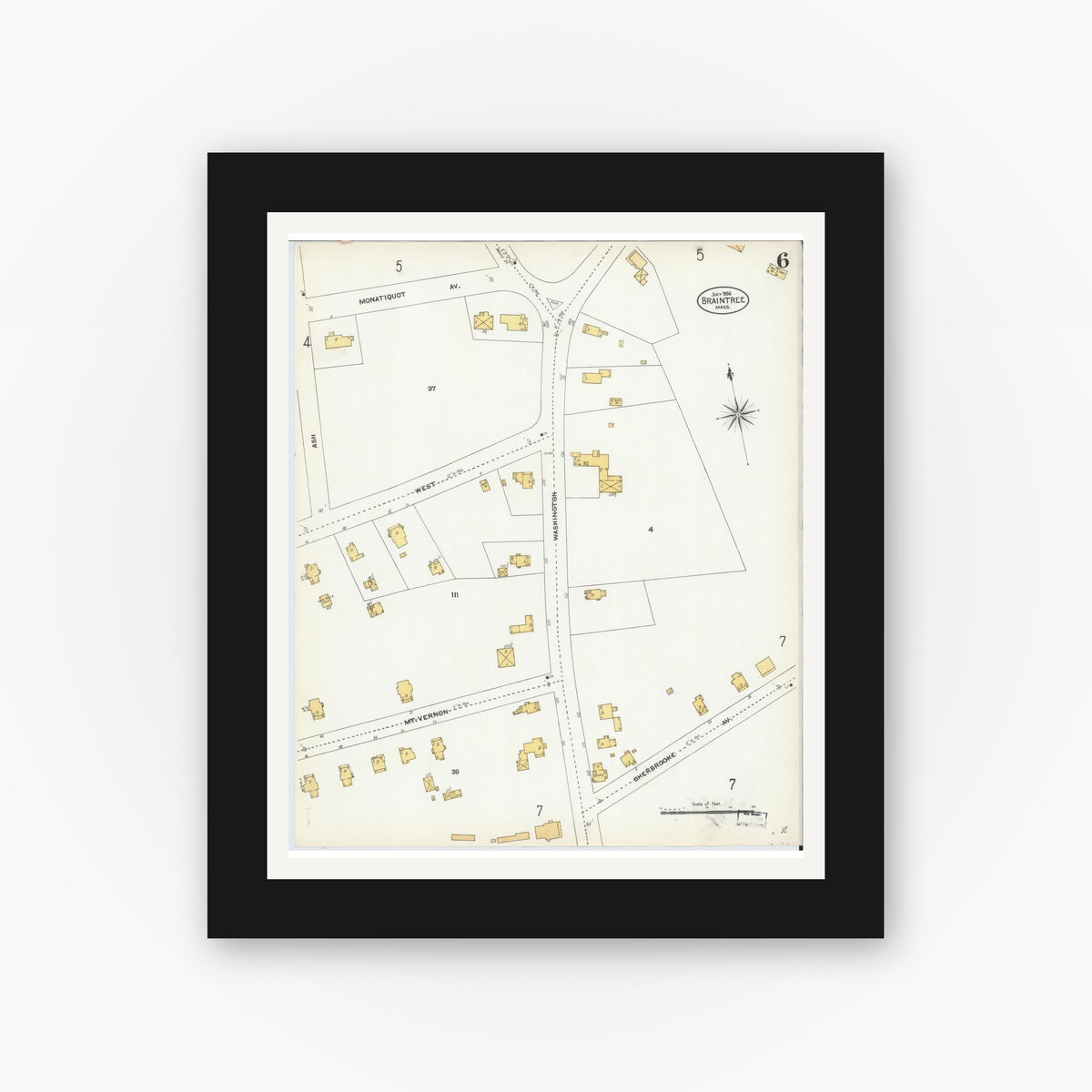 Old map wall art mockup — black gallery frame with white mat — Sanborn Fire Insurance Map from Braintree, Norfolk County, Massachusetts (1906), Sheet #0006