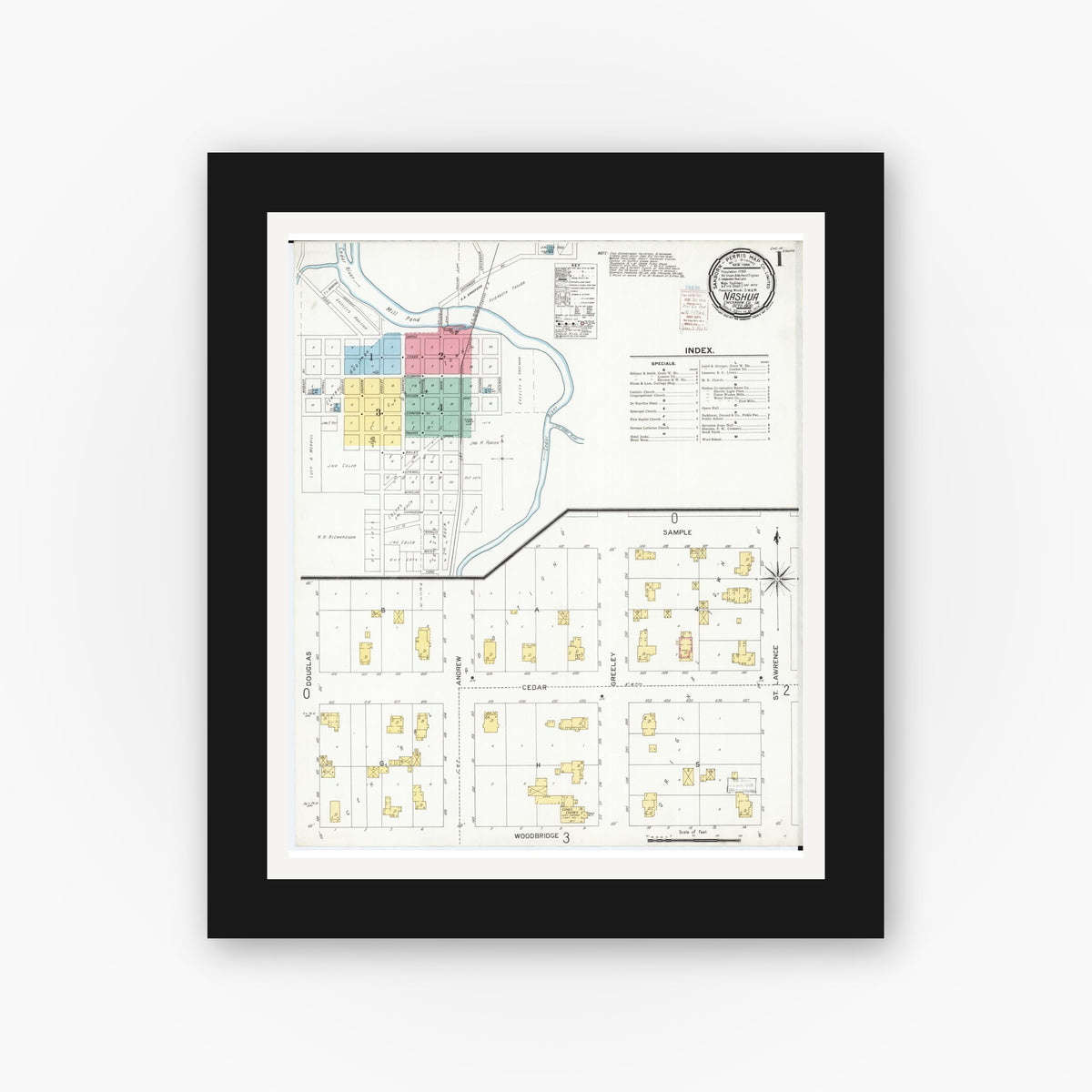 Old map wall art mockup — black gallery frame with white mat — Sanborn Fire Insurance Map from Nashua, Chickasaw County, Iowa (1900) â€” Complete Set