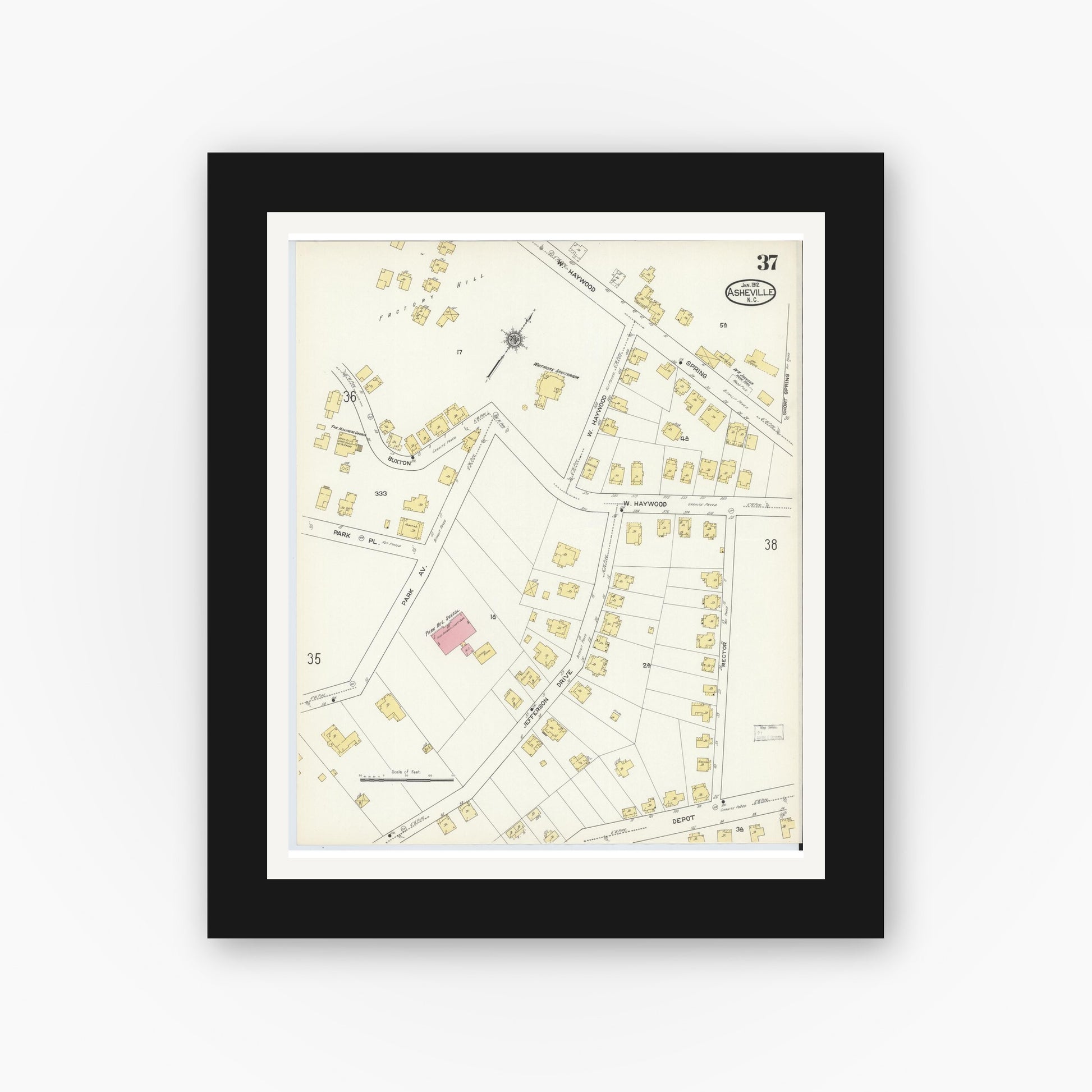 Old map wall art mockup — black gallery frame with white mat — Sanborn Fire Insurance Map from Asheville, Buncombe County, North Carolina (1913), Sheet #0037