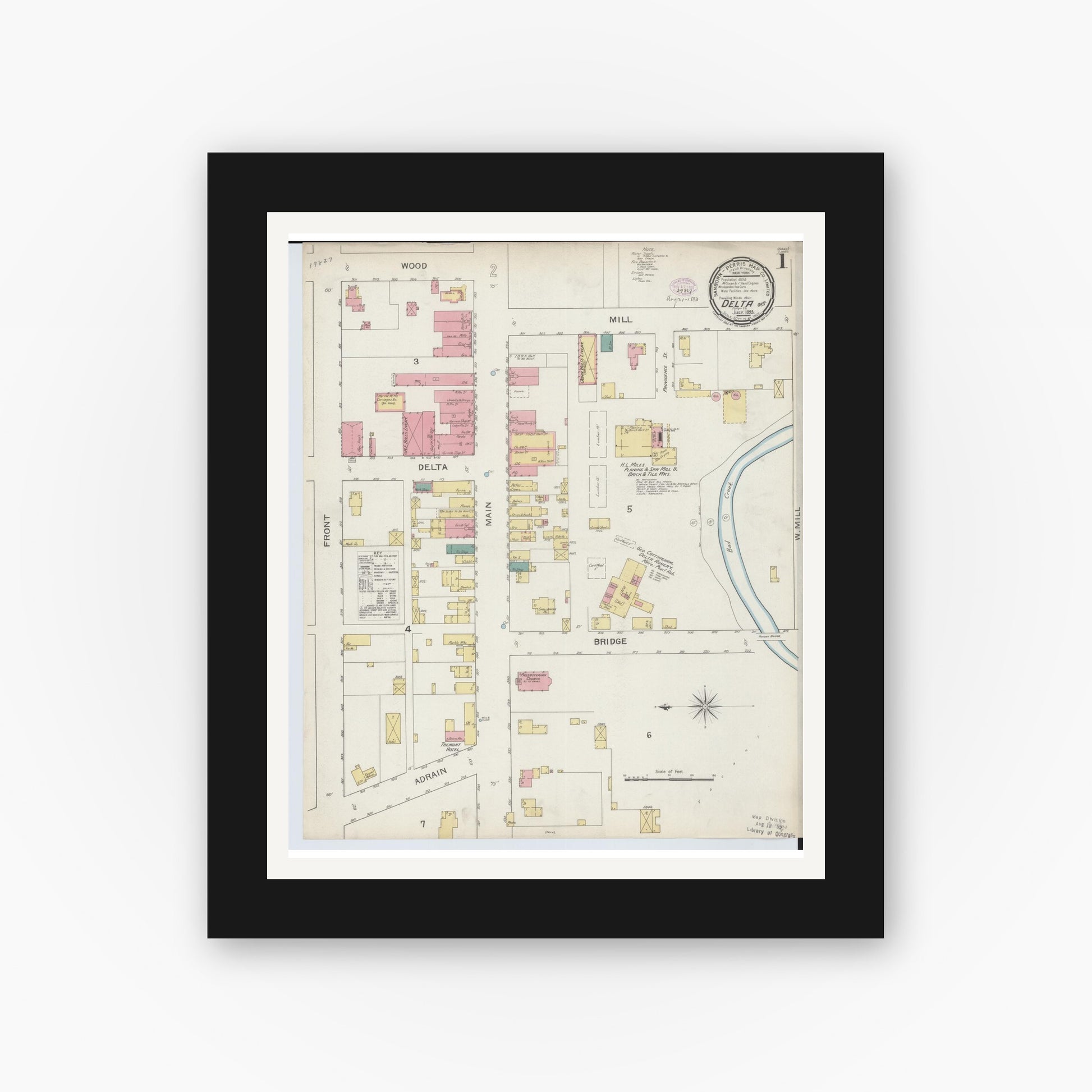 Old map wall art mockup — black gallery frame with white mat — Sanborn Fire Insurance Map from Delta, Fulton County, Ohio (1893), Sheet #0001