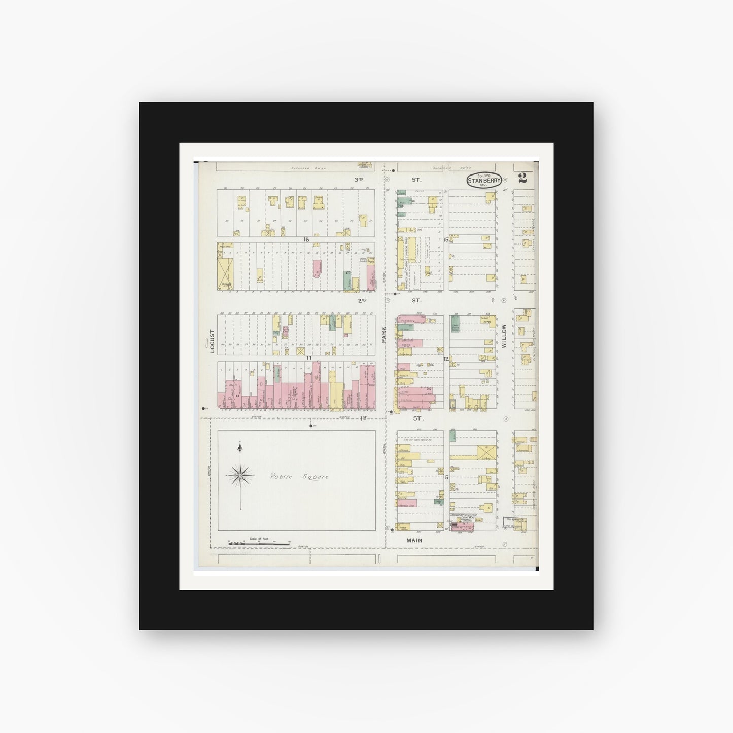 Old map wall art mockup — black gallery frame with white mat — Sanborn Fire Insurance Map from Stanberry, Gentry County, Missouri (1892), Sheet #0002
