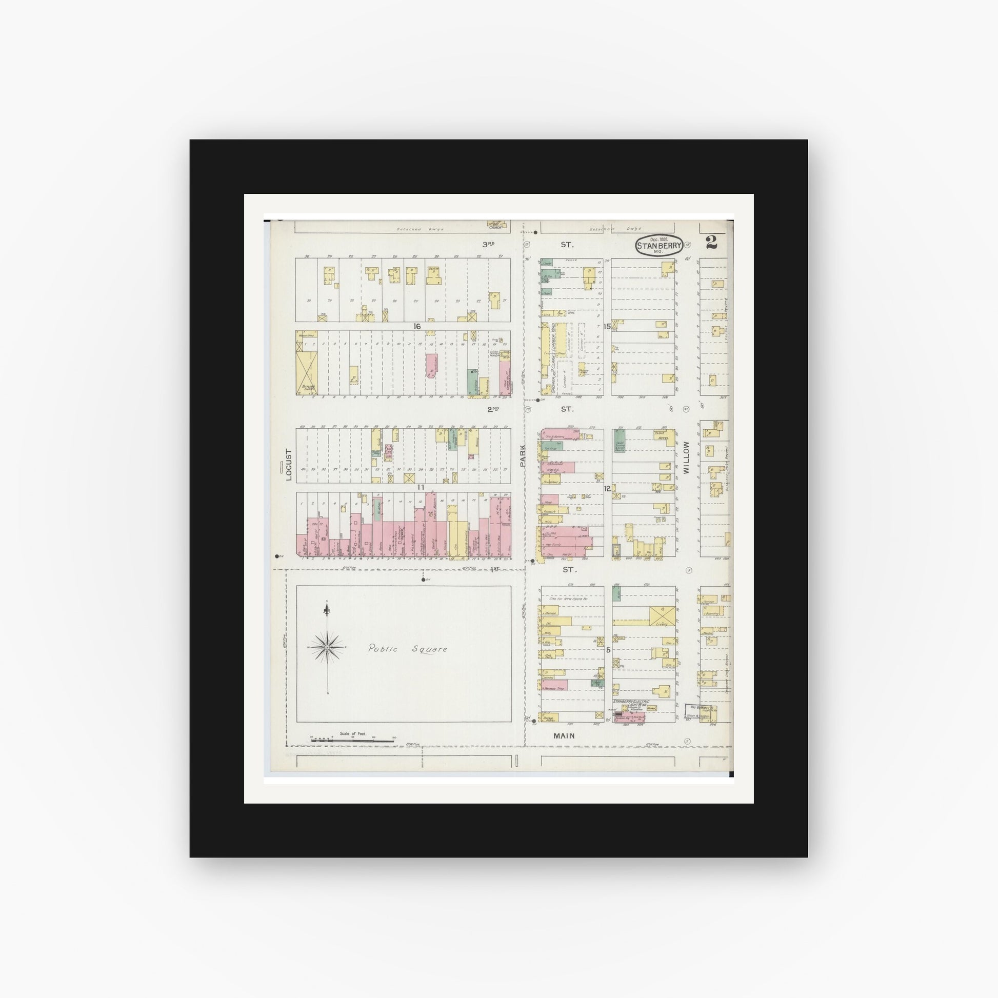 Old map wall art mockup — black gallery frame with white mat — Sanborn Fire Insurance Map from Stanberry, Gentry County, Missouri (1892), Sheet #0002