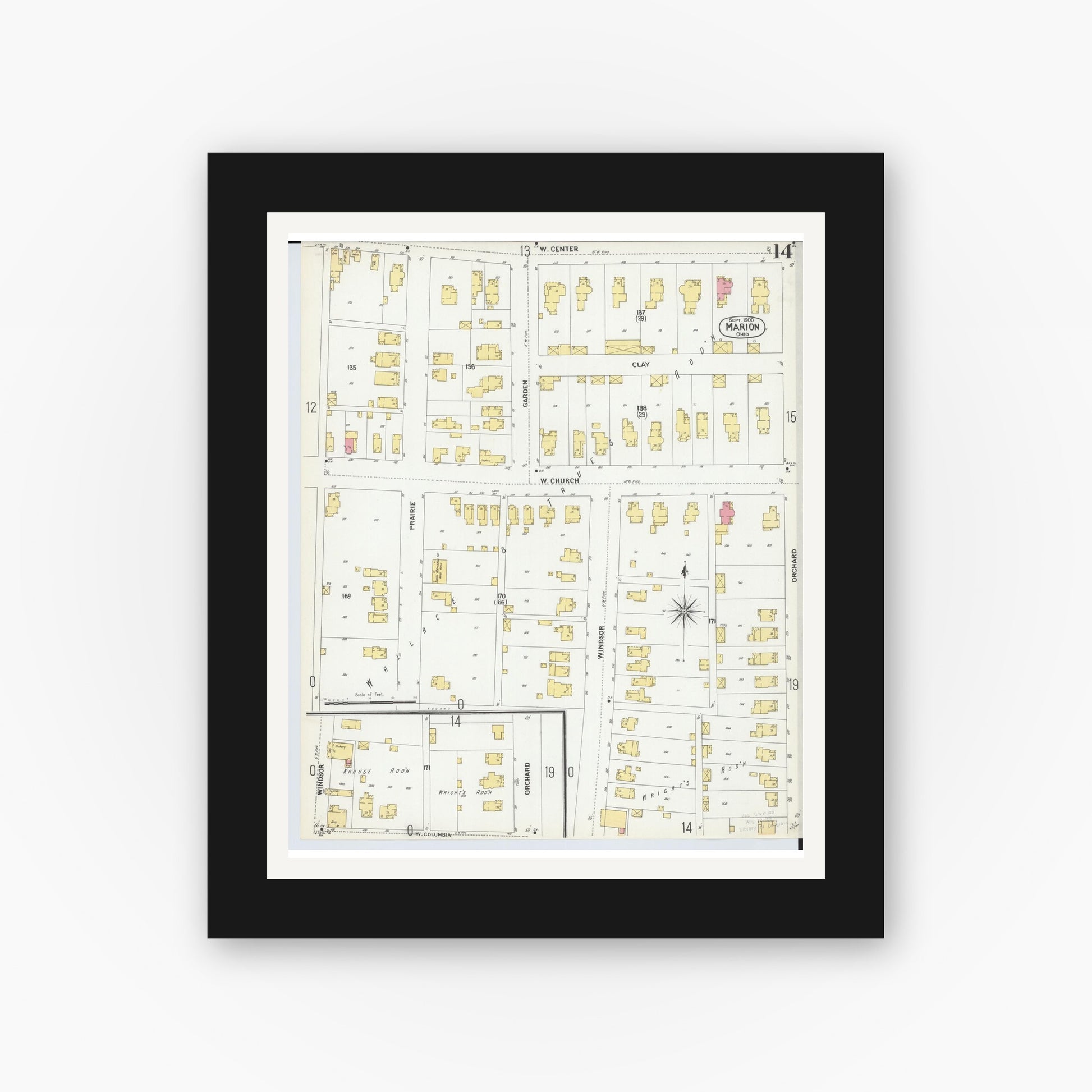 Old map wall art mockup — black gallery frame with white mat — Sanborn Fire Insurance Map from Marion, Marion County, Ohio (1900), Sheet #0014