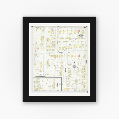 Old map wall art mockup — black gallery frame with white mat — Sanborn Fire Insurance Map from Marion, Marion County, Ohio (1900), Sheet #0014