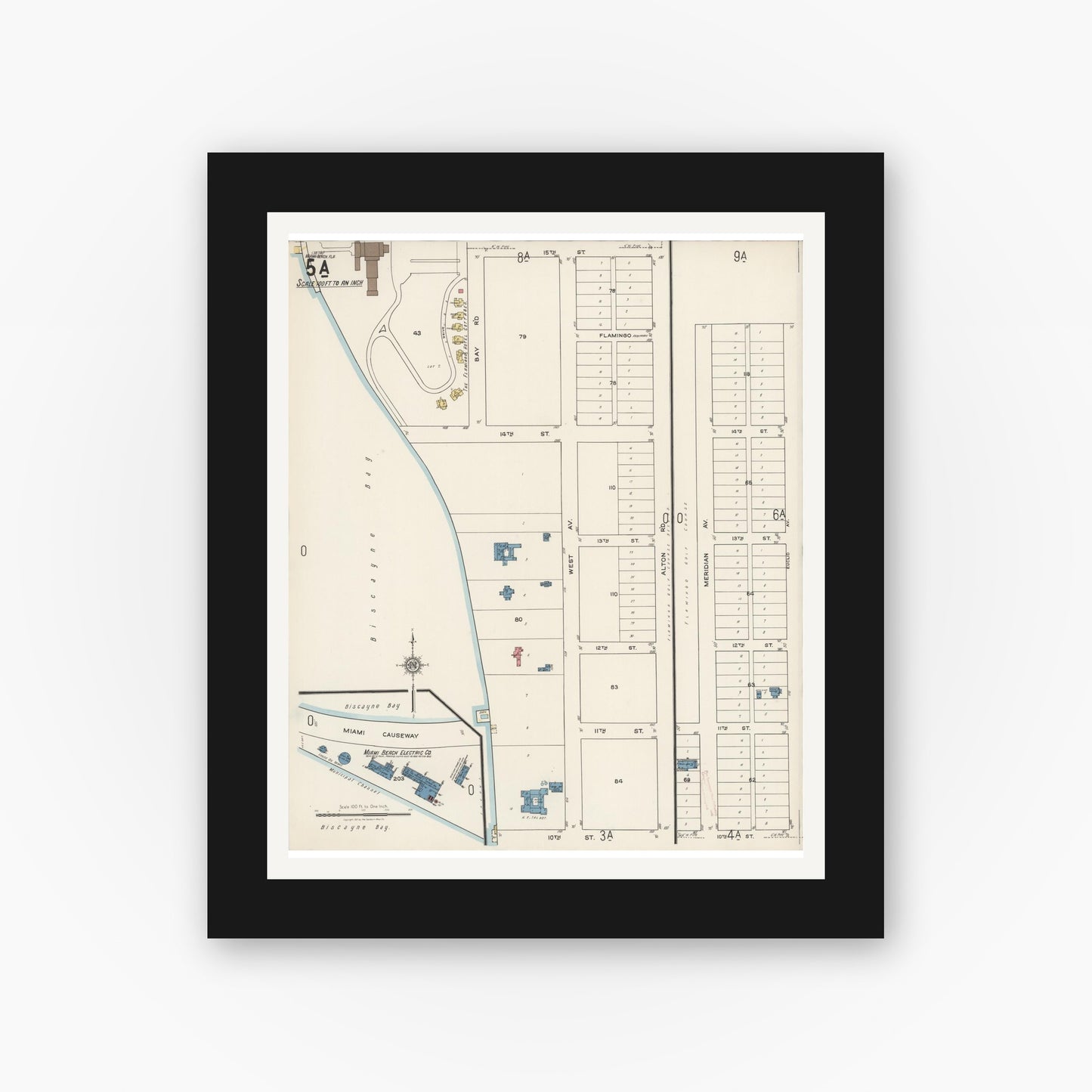 Old map wall art mockup — black gallery frame with white mat — Sanborn Fire Insurance Map from Miami Beach, Dade County, Florida (1921), Sheet #0005
