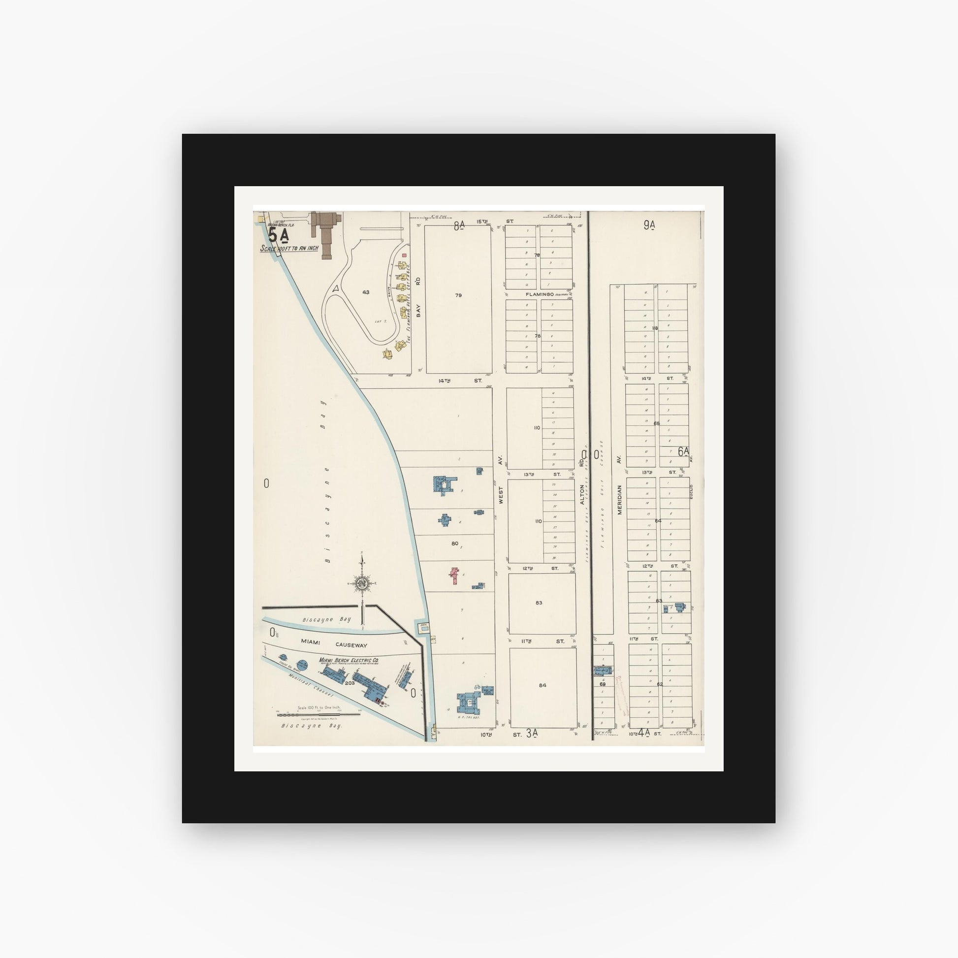 Old map wall art mockup — black gallery frame with white mat — Sanborn Fire Insurance Map from Miami Beach, Dade County, Florida (1921), Sheet #0005