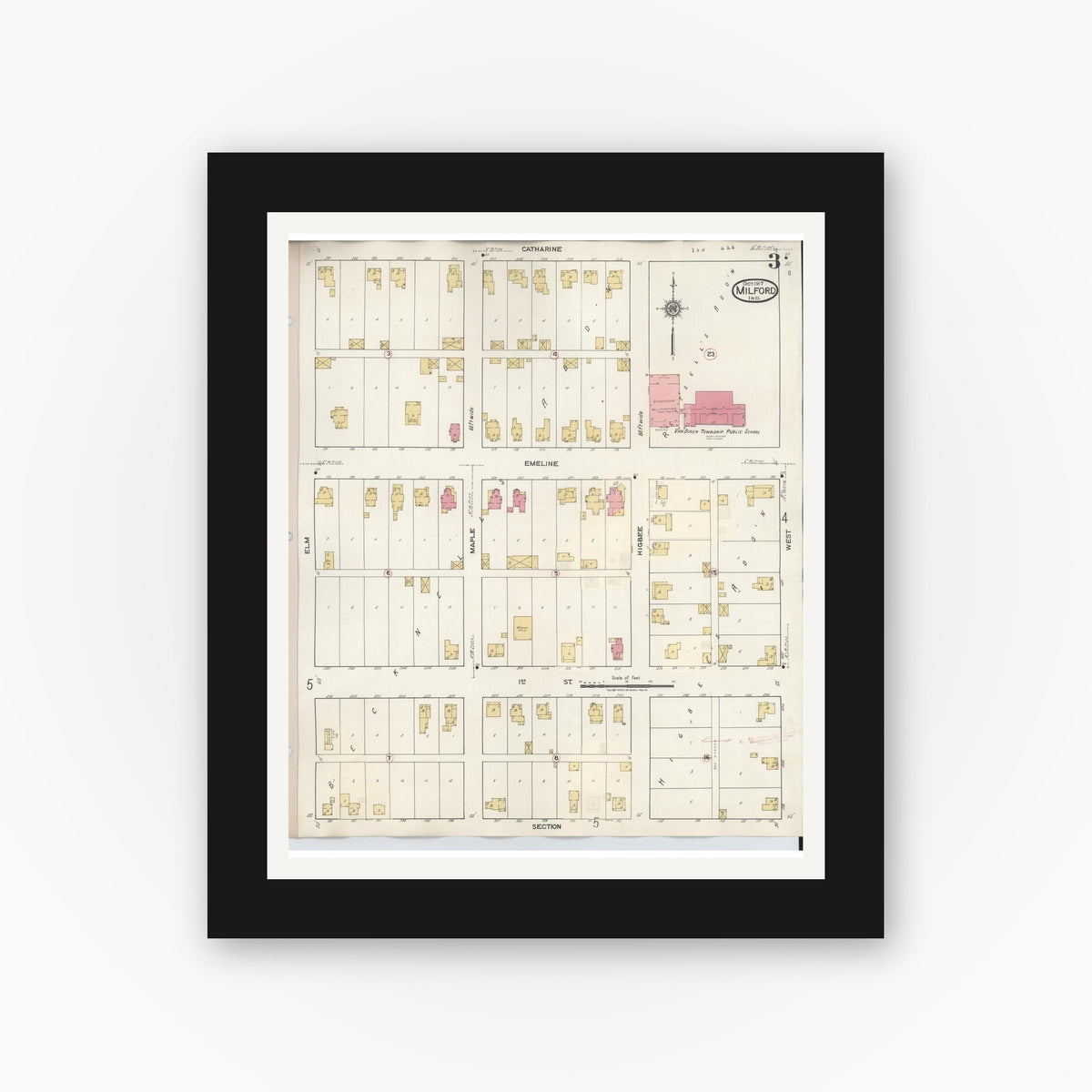 Old map wall art mockup — black gallery frame with white mat — Sanborn Fire Insurance Map from Milford, Kosciusko County, Indiana (1933), Sheet #0003