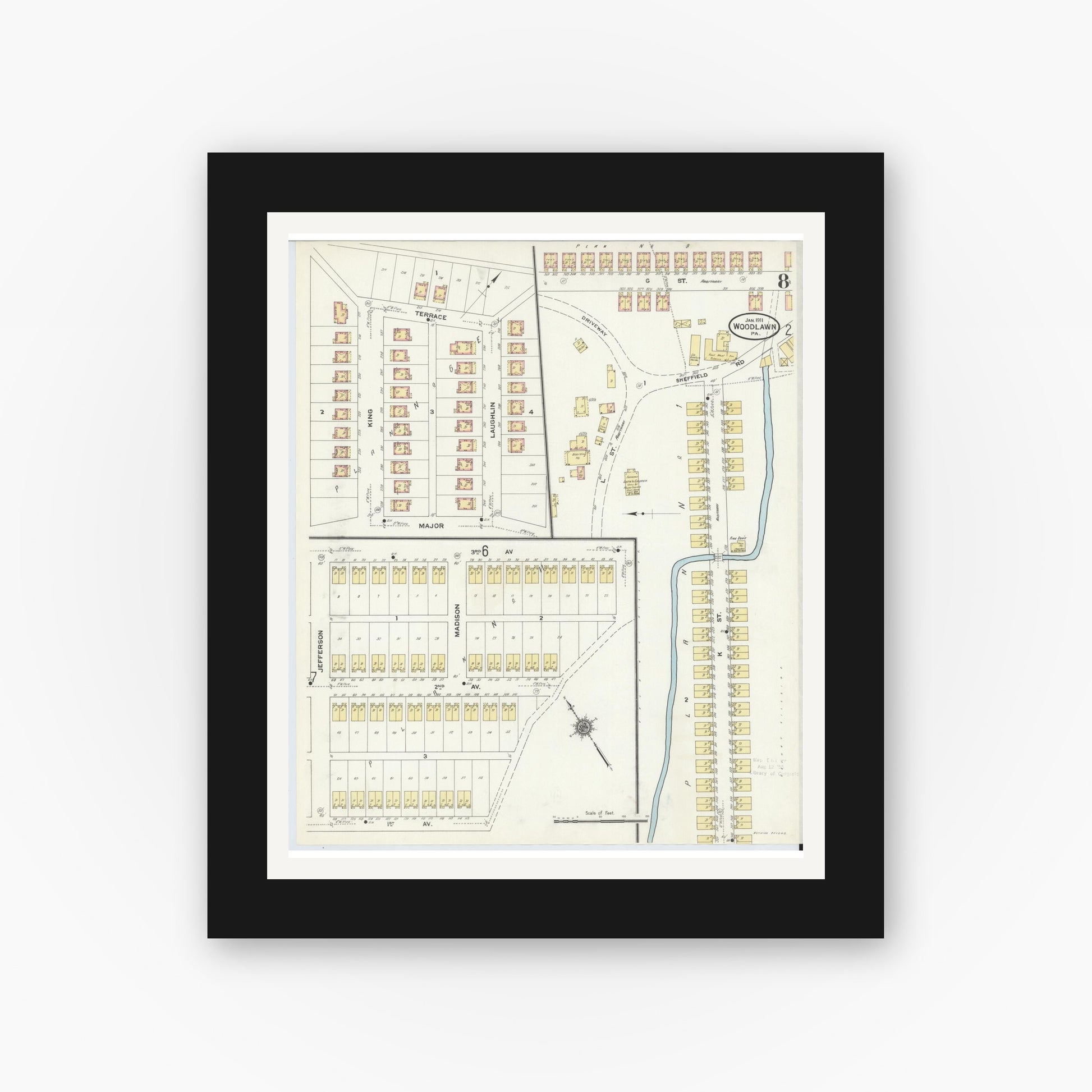 Old map wall art mockup — black gallery frame with white mat — Sanborn Fire Insurance Map from Woodlawn, Beaver County, Pennsylvania (1911), Sheet #0008