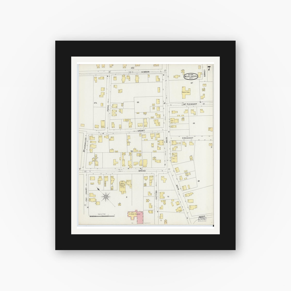 Old map wall art mockup — black gallery frame with white mat — Sanborn Fire Insurance Map from Marlborough, Middlesex County, Massachusetts (1896), Sheet #0007