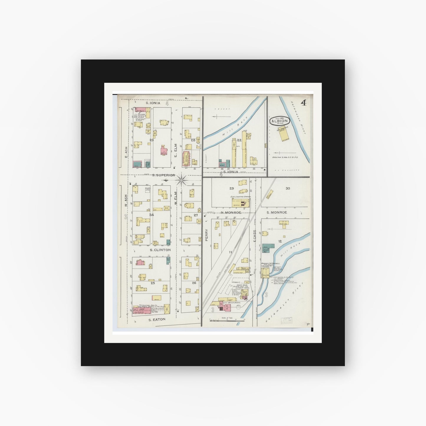 Old map wall art mockup — black gallery frame with white mat — Sanborn Fire Insurance Map from Albion, Calhoun County, Michigan (1893), Sheet #0004