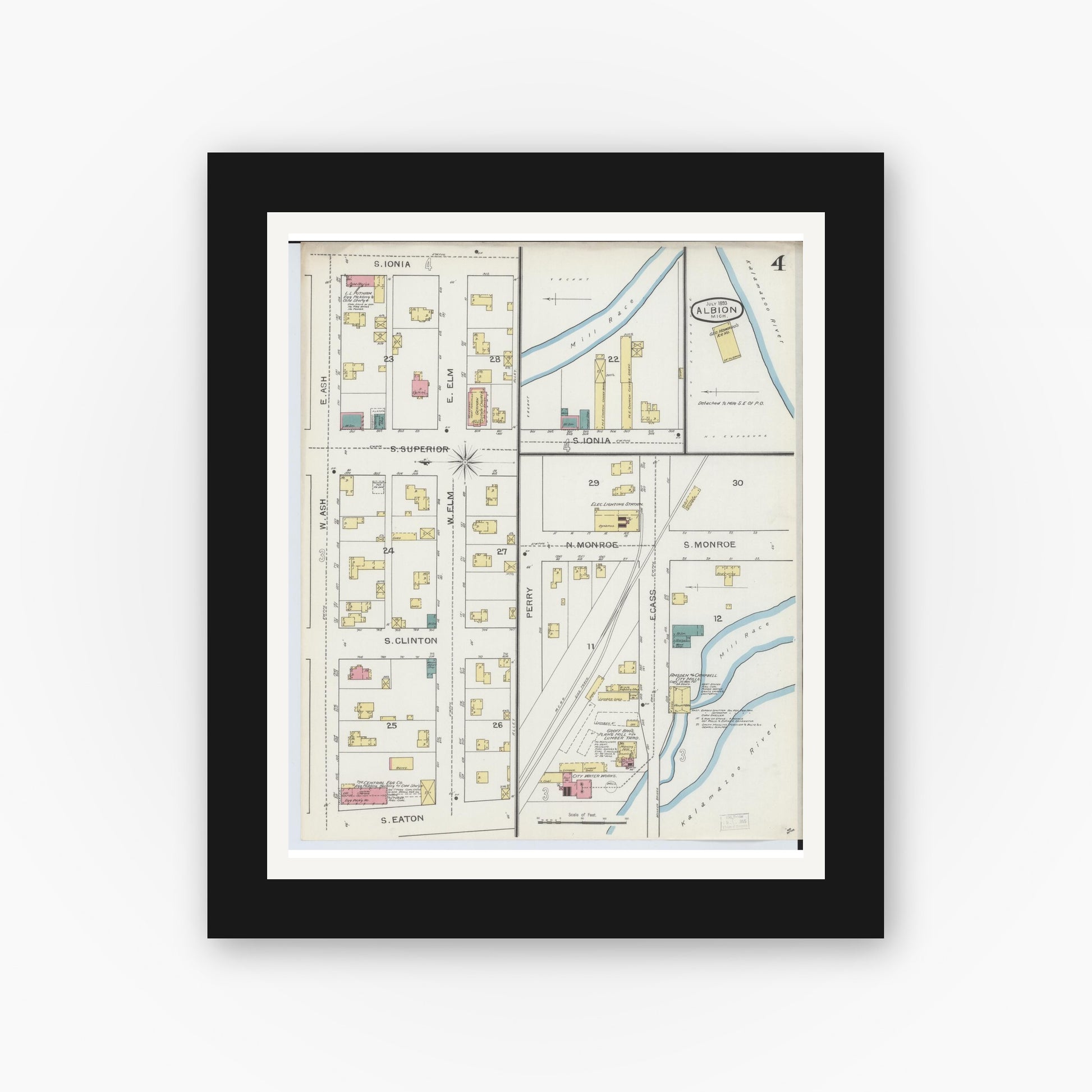 Old map wall art mockup — black gallery frame with white mat — Sanborn Fire Insurance Map from Albion, Calhoun County, Michigan (1893), Sheet #0004