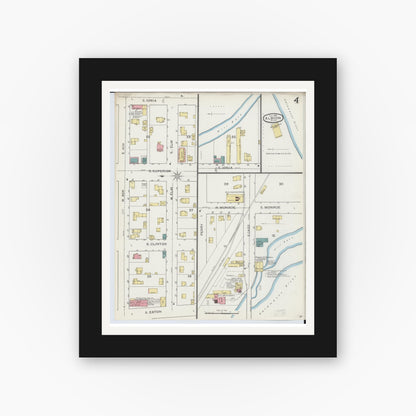 Old map wall art mockup — black gallery frame with white mat — Sanborn Fire Insurance Map from Albion, Calhoun County, Michigan (1893), Sheet #0004