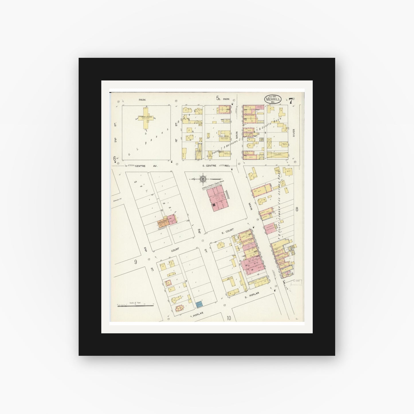 Old map wall art mockup — black gallery frame with white mat — Sanborn Fire Insurance Map from Merrill, Lincoln County, Wisconsin (1913), Sheet #0007