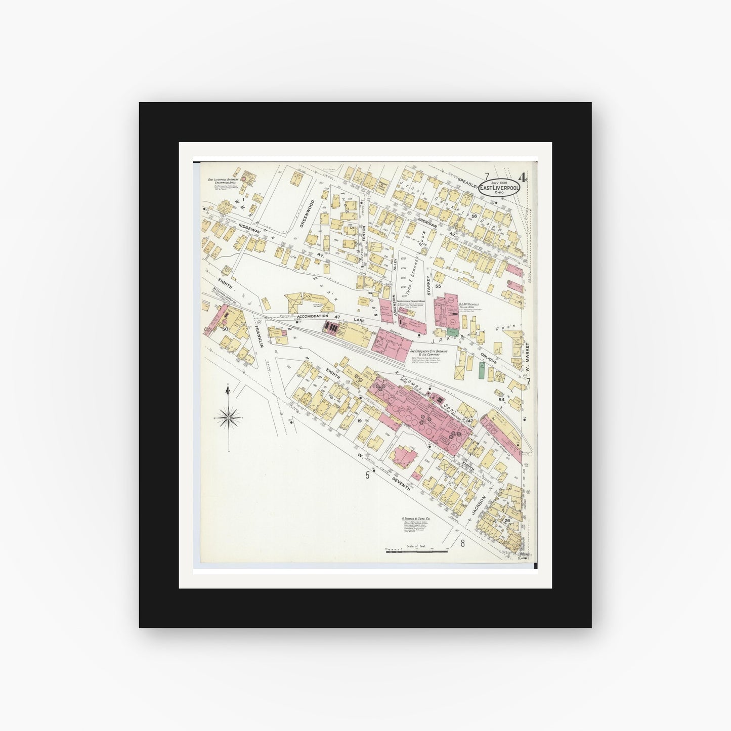 Old map wall art mockup — black gallery frame with white mat — Sanborn Fire Insurance Map from East Liverpool, Columbiana County, Ohio (1908), Sheet #0004