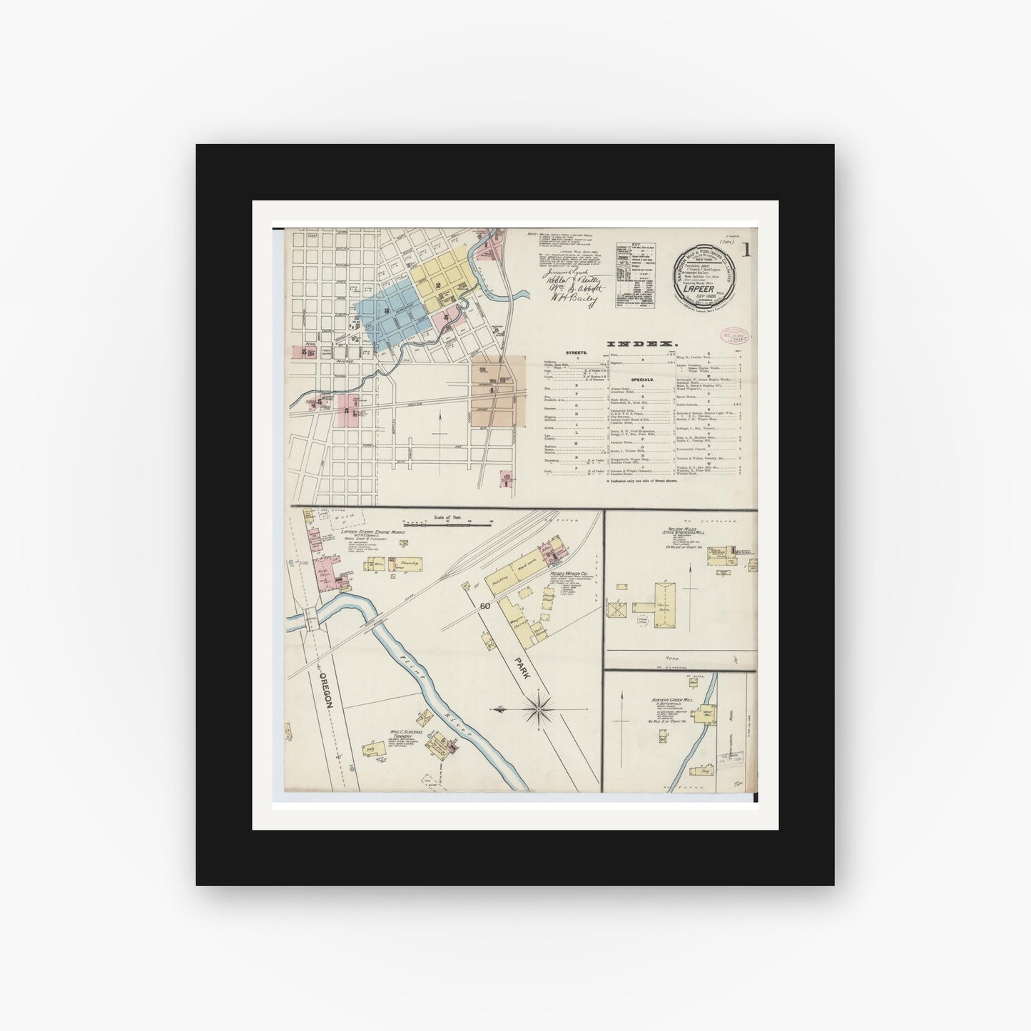 Old map wall art mockup — black gallery frame with white mat — Sanborn Fire Insurance Map from Lapeer, Lapeer County, Michigan (1888) - Complete Map Set