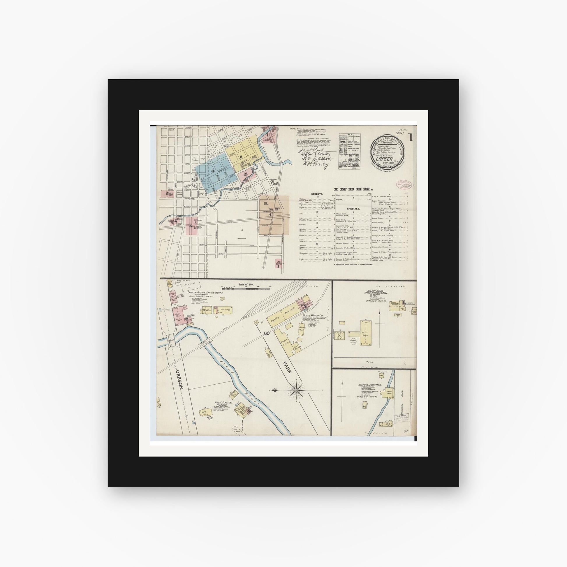 Old map wall art mockup — black gallery frame with white mat — Sanborn Fire Insurance Map from Lapeer, Lapeer County, Michigan (1888) - Complete Map Set