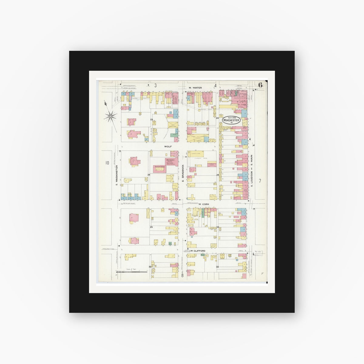 Old map wall art mockup — black gallery frame with white mat — Sanborn Fire Insurance Map from Winchester, Independent Cities, Virginia (1908), Sheet #0006